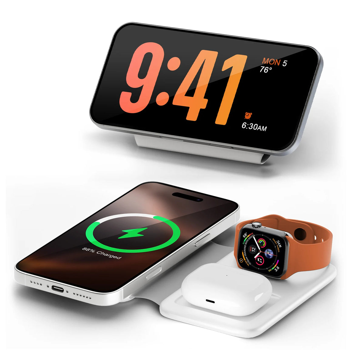 Wireless charger station for Apple devices by Hot Trend Vault, featuring a sleek 3-in-1 fast charging design for iPhone, AirPods, and Apple Watch.