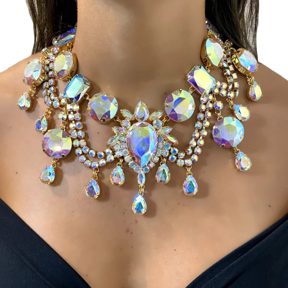 Fashion Exaggerated AB Necklace Luxury Designer Massive Women Massive Geometry Statement Necklace Party Jewelry Accessories Gift