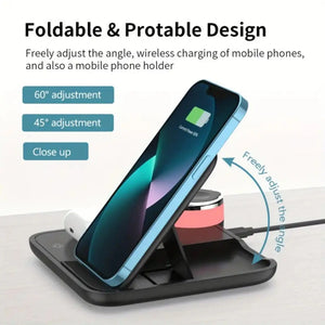 Foldable 3-in-1 wireless charging station with night light, compatible with iPhone 15, 14, 13, by Hot Trend Vault