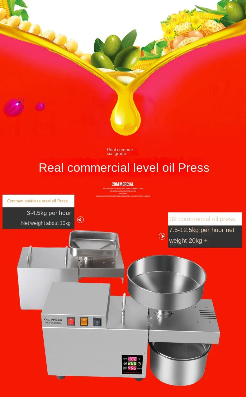 S9S Oil Press Stainless Steel Automatic Cold Press Oil Press Coconut Peanut Kernel Oil Press 110V/220V 1500W (Max)
