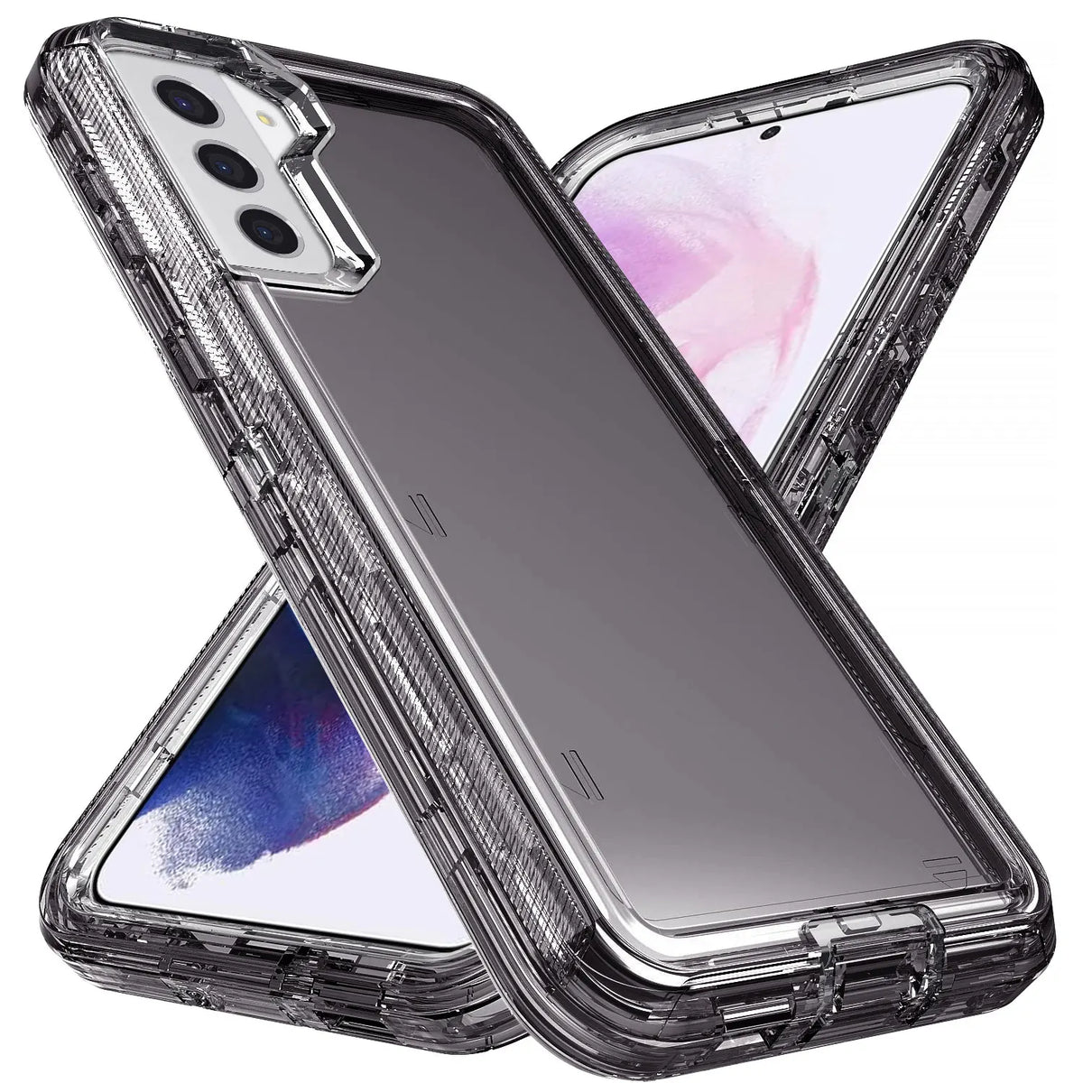 Transparent Hot Trend Vault NONED Galaxy S21 Series shockproof case with two tempered glass screen protectors.