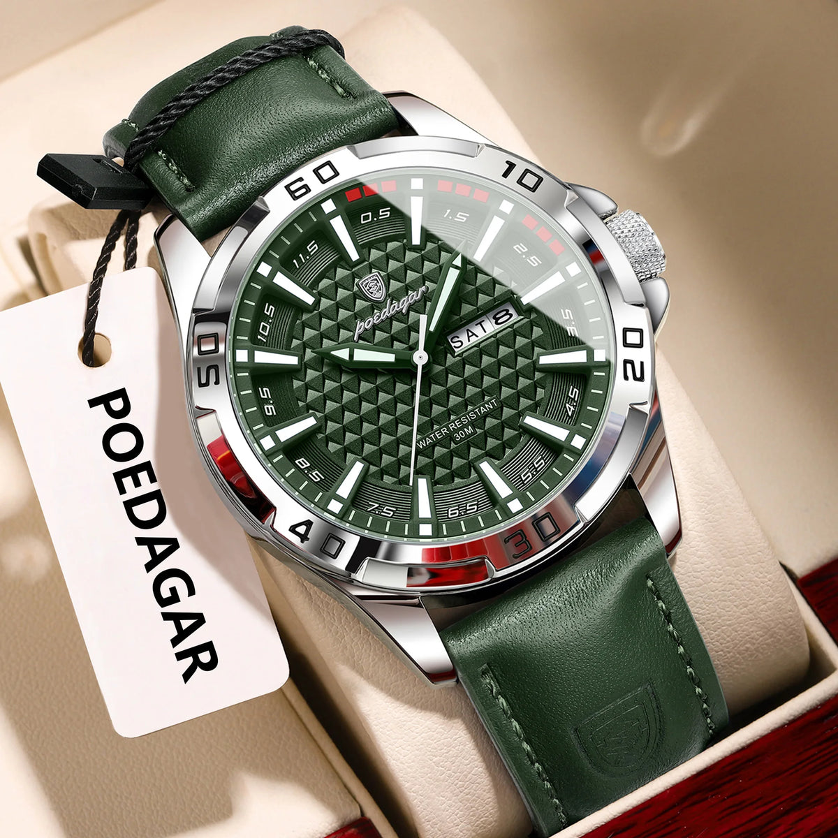 Hot Trend Vault POEDAGAR men's luxury waterproof quartz leather watch with date display, showcasing elegant accessories.