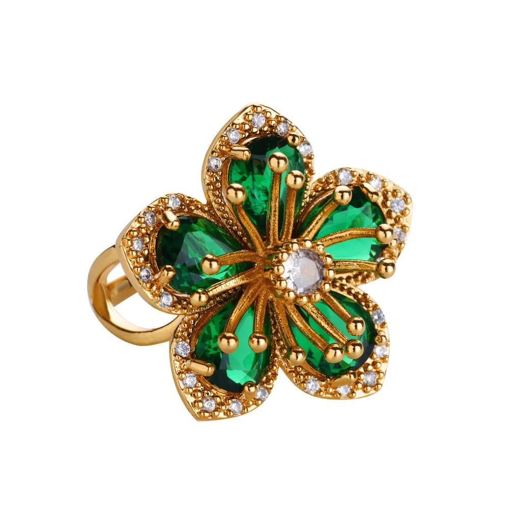 Green Zircon Flower Rings For Women Gold Color Stainless Steel Flower Floral Ring Elegant Luxury Wedding Aesthetic Jewelry Gift