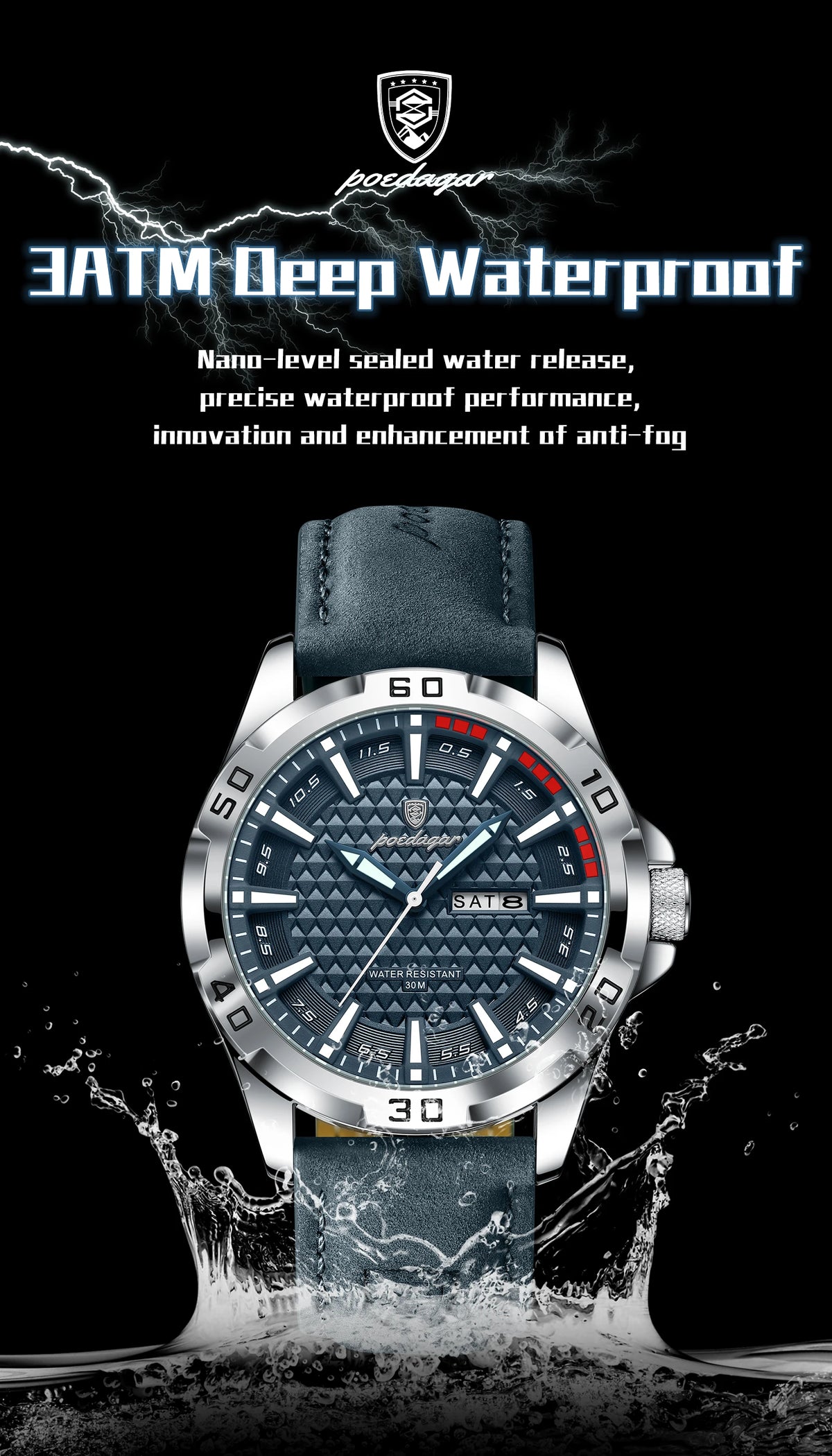Hot Trend Vault POEDAGAR men's luxury waterproof quartz leather watch showing the round dial and date display.
