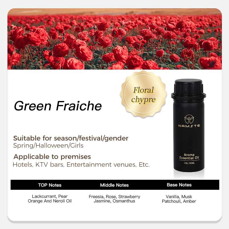 Namstecar fragrance oil by Hot Trend Vault, 100ml for home diffuser with four 5ml scent sample bottles, image showing the bottles.