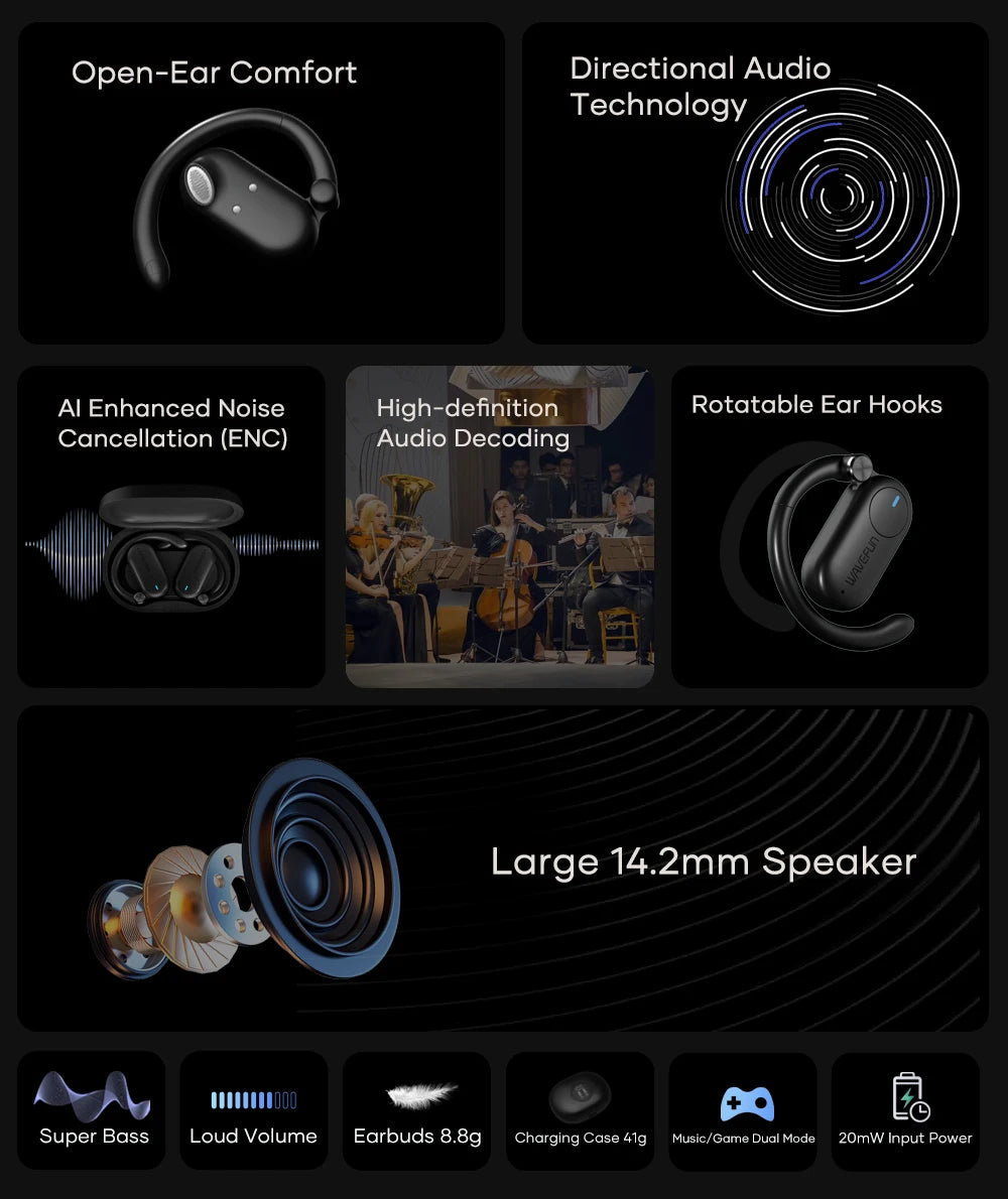 Wavefun Sense Open Ear Headphones Bluetooth Earphone with Adjustable Ear Hook Super Bass Earbuds BT5.3 Headsets with Microphone