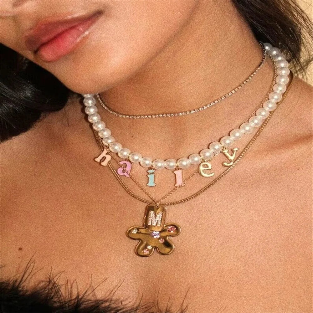 Custom Pearl Colorful Letter Necklace For Women Gold Color Stainless Steel Personalized Customized Necklace Fashion Jewelry Gift