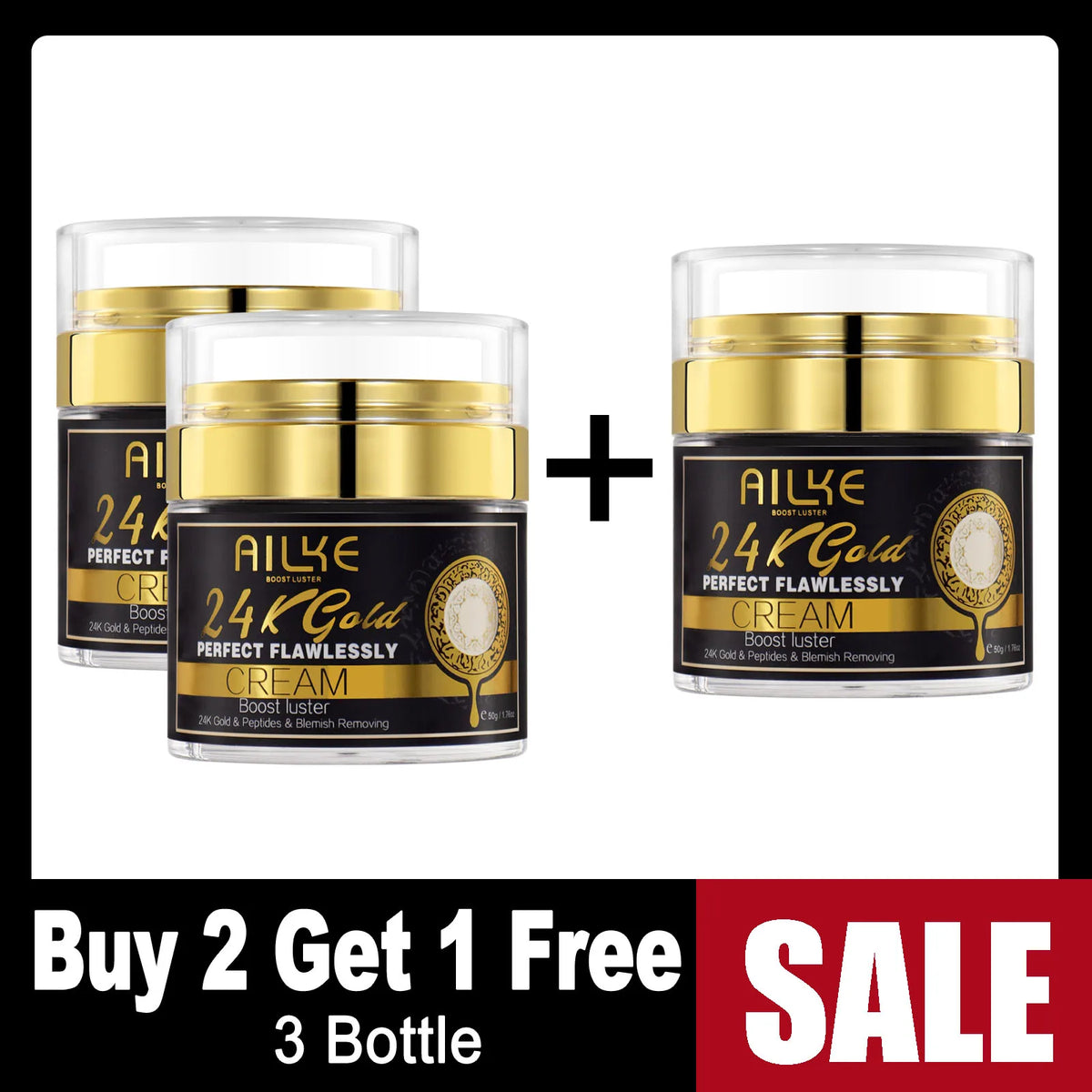 AILKE 24K Gold Collagen Whitening cream jar with gold accents, showcasing luxurious skincare packaging by Hot Trend Vault.