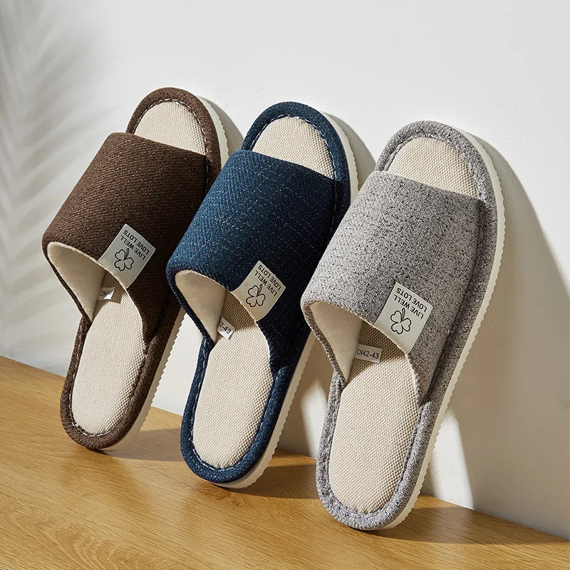 Home Linen Slippers For Women Autumn Winter Comfortable Open Toed Breathable Bedroom Shoes For Men And Women