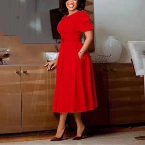 Elegant Dresses for Women 2026 New O Neck Short Sleeve Belt Waisted Pleated Mid Calf Fashion Ladies Birthday Party Dinner Dress