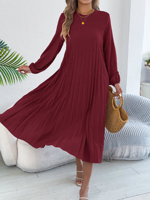 Elegant Dress Woman 2025 Retro Solid Color Round Neck Long Sleeve Pleated Dress without Belt 2025 Autumn Winter Women Clothing