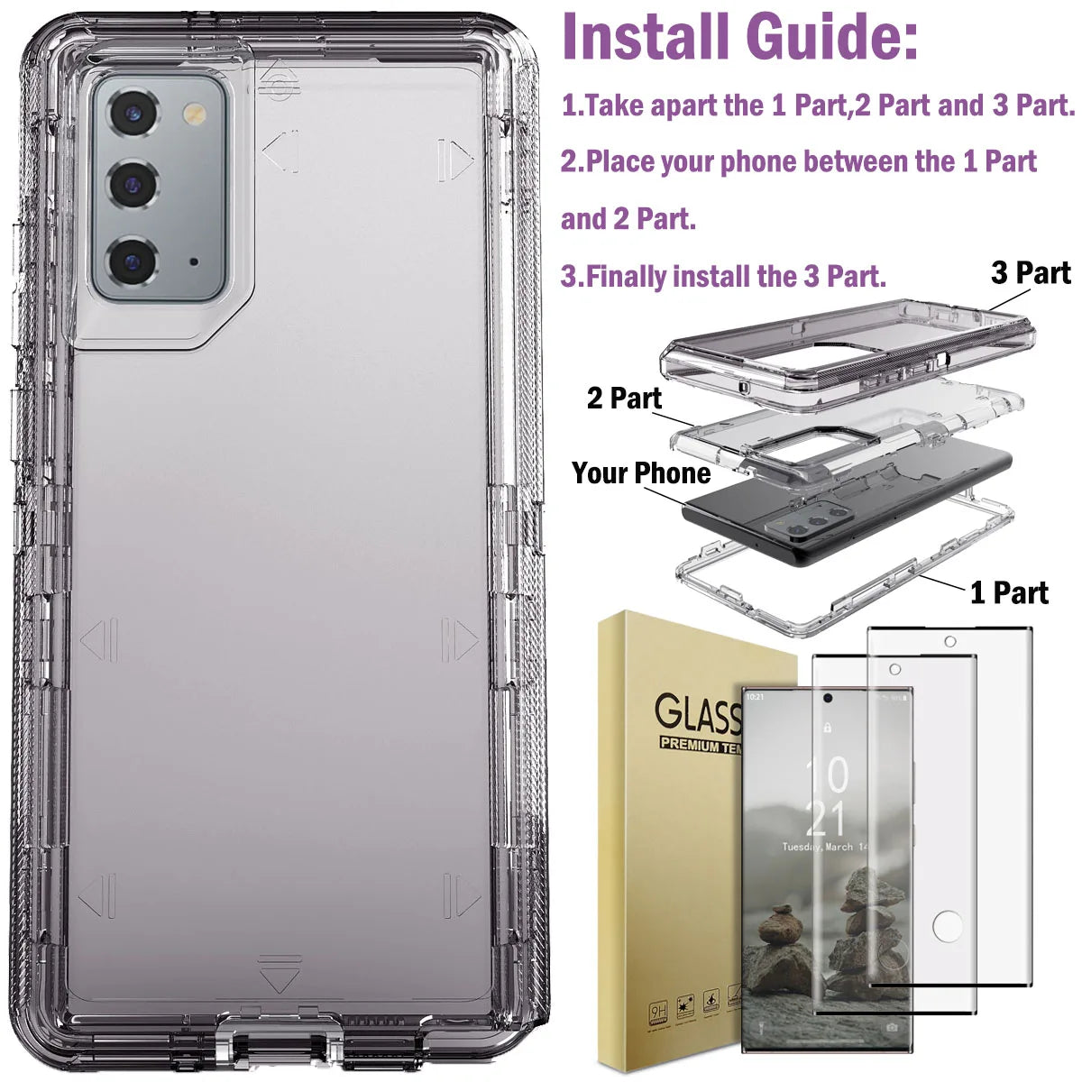 Hot Trend Vault Galaxy Note20 Ultra transparent shockproof case with two tempered glass screen protectors on a white background.