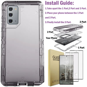 Hot Trend Vault Galaxy Note20 Ultra transparent shockproof case with two tempered glass screen protectors on a white background.