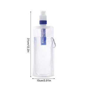 Foldable water bottle with built-in filter for outdoor activities and travel by Hot Trend Vault, shown in a compact, flexible design.
