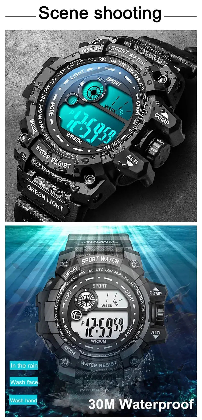 Men's LED digital watch by Hot Trend Vault with luminous display, waterproof design, sporty style, and military-inspired features.