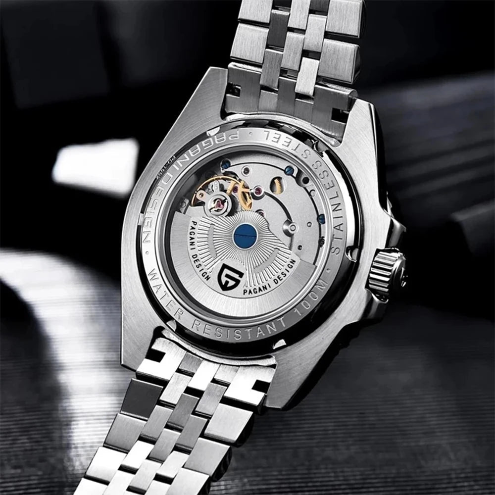 Luxury PAGANI DESIGN GMT men's watch with sapphire crystal, automatic movement, 40mm case, in a sleek black design.