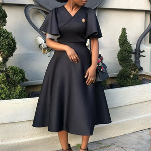 Elegant Dresses for Women V Neck Flare Sleeve High Waisted Pleated A Line Mid Calf Luxury Birthday Party Dinner Vestidos Mujer