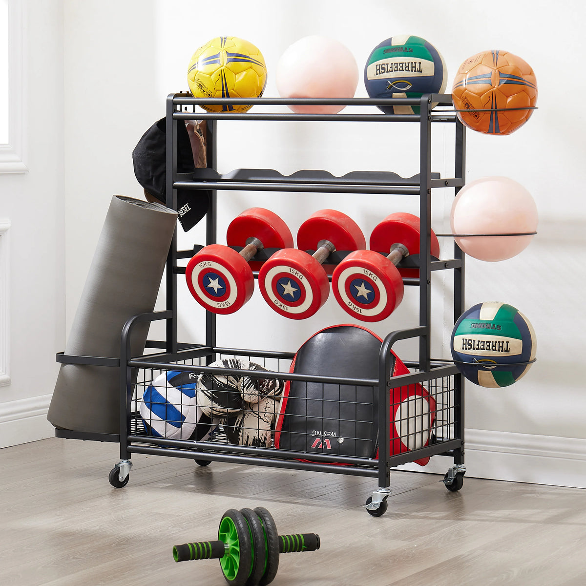 4 Tier Metal Storage Organizer with Rolling Wheels for Basketball Sports Equipment Organizer for Yoga Mat  Football