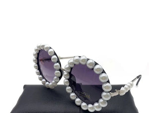 Pearl round sunglasses for women and men by VICKICOCO, featuring a small oval vintage frame with luxurious design details.
