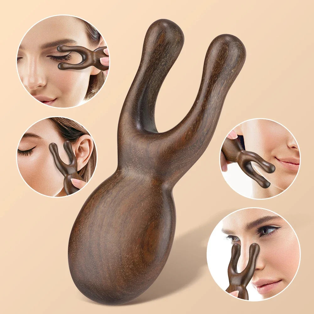 LSHOW wooden Gua Sha facial tool in sandalwood, used for face and neck massage to promote blood circulation at home spa.