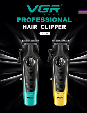 Hot Trend Vault VGRC cordless hair trimmer for men with professional clipper design, 2000mAh battery, LED display, and ergonomic grip.