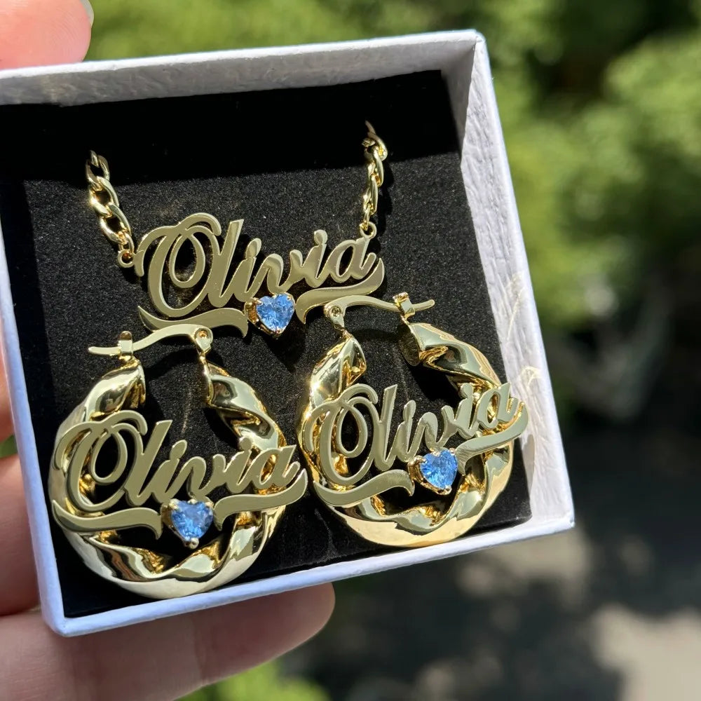 DUOYING Custom Birthstone Jewelry Set Persoanlized Nameplate Pendant Necklace 30mm Hoop Earrings Gold For Women Jewelry Gift