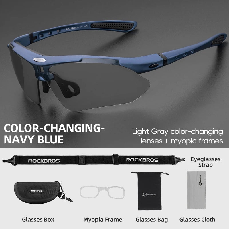 Hot Trend Vault RockBros cycling photochromic glasses with UV400 protection, showing adjustable frame and tinted lenses for outdoor riding.