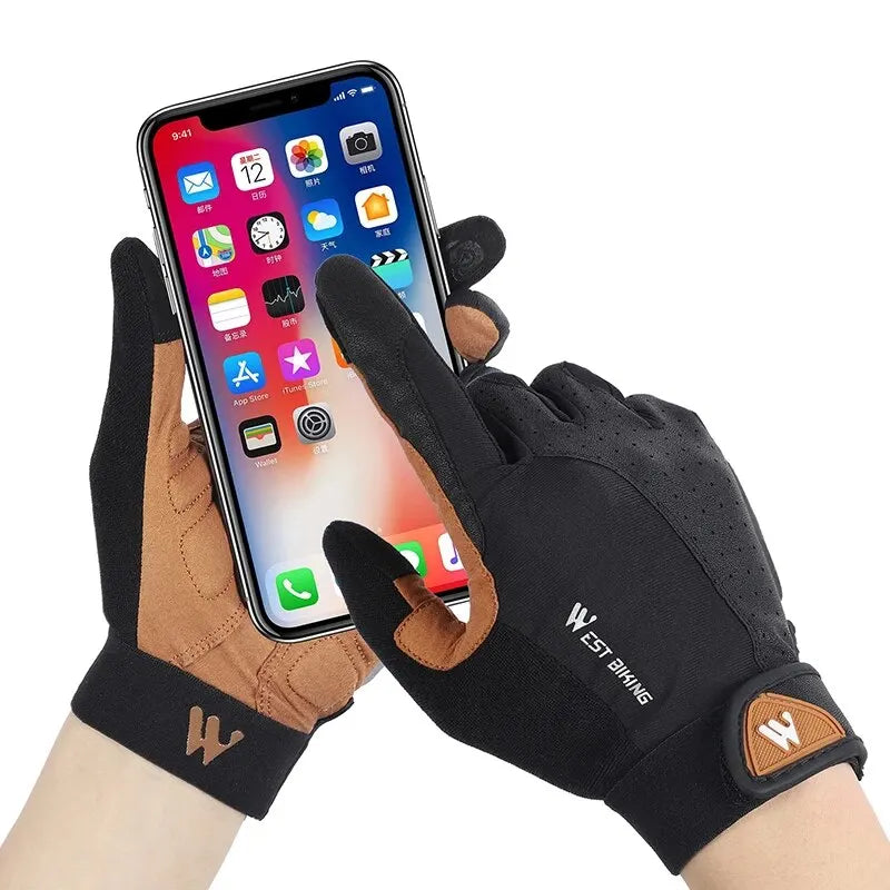 West Biking full finger cycling gloves by Hot Trend Vault, made of grippy synthetic leather and Lycra for men and women.