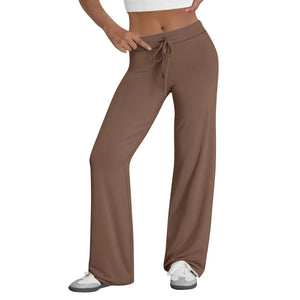 Activewear Women Wide Leg Pants Casual Cotton Yoga Pants With Pockets High Waist Drawstring Baggy Sweatpants Flare Leggings