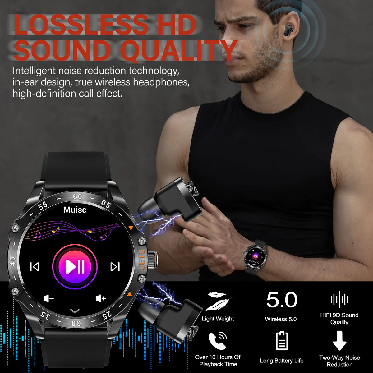 LaNikar New Smart Watches for Men with Earbuds Inside with 100+ Sport Modes and Sport Records Waterproof with iPhone and Android