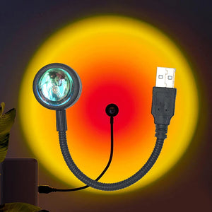 Hot Trend Vault USB rainbow sunset lamp illuminates a bedroom with colorful ambient light, perfect for mood setting and photography.