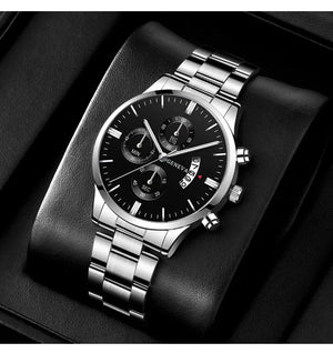 Men's Deyros Calendar Quartz Watch with luxury alloy band, round case, and bracelet clasp, featuring a sleek, stylish design.