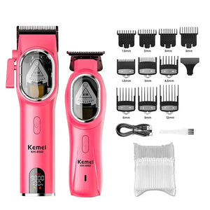 Kemei KM-8502 cordless hair clipper kit for home grooming, with attachments and charging stand, in a sleek black design