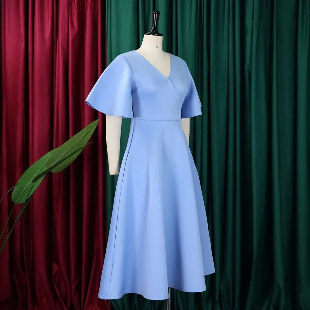 Elegant Dresses for Women V Neck Flare Sleeve High Waisted Pleated A Line Mid Calf Luxury Birthday Party Dinner Vestidos Mujer