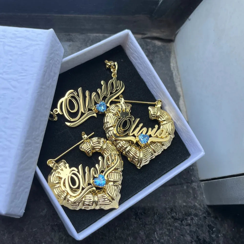 DUOYING Custom Birthstone Jewelry Set Persoanlized Nameplate Pendant Necklace 30mm Hoop Earrings Gold For Women Jewelry Gift