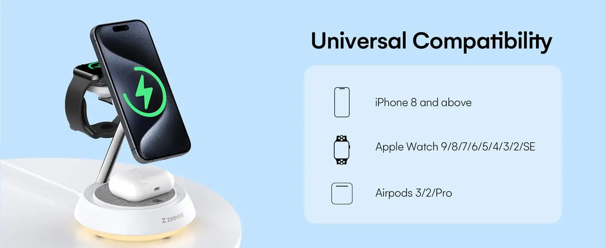 Hot Trend Vault ZeeHoo 3-in-1 wireless charging station with night light, fast 15W charging for iPhone, Apple Watch, and AirPods.