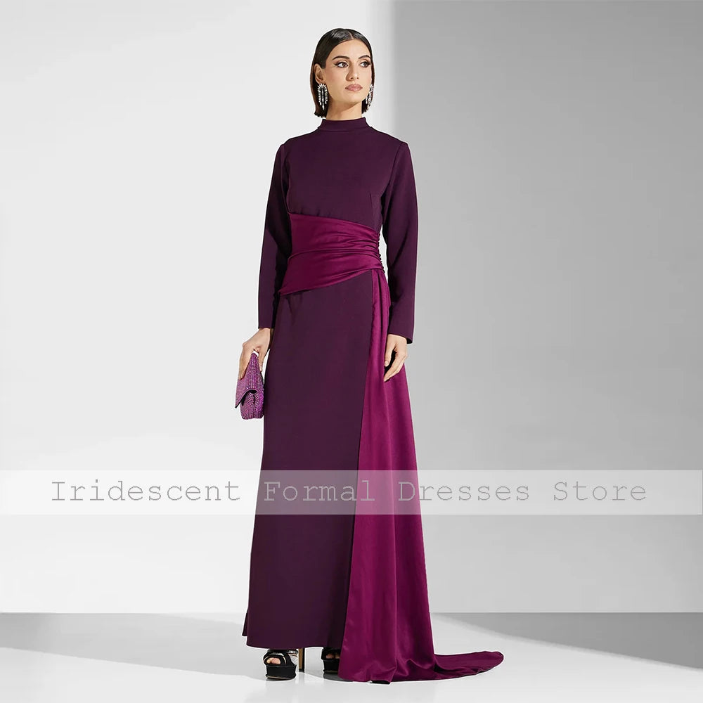 Elegant Evening Dresses Women Elegant High Collar Floor Length Simple Prom Dress 2025 Pleated Long Sleeves A Line Party Gowns