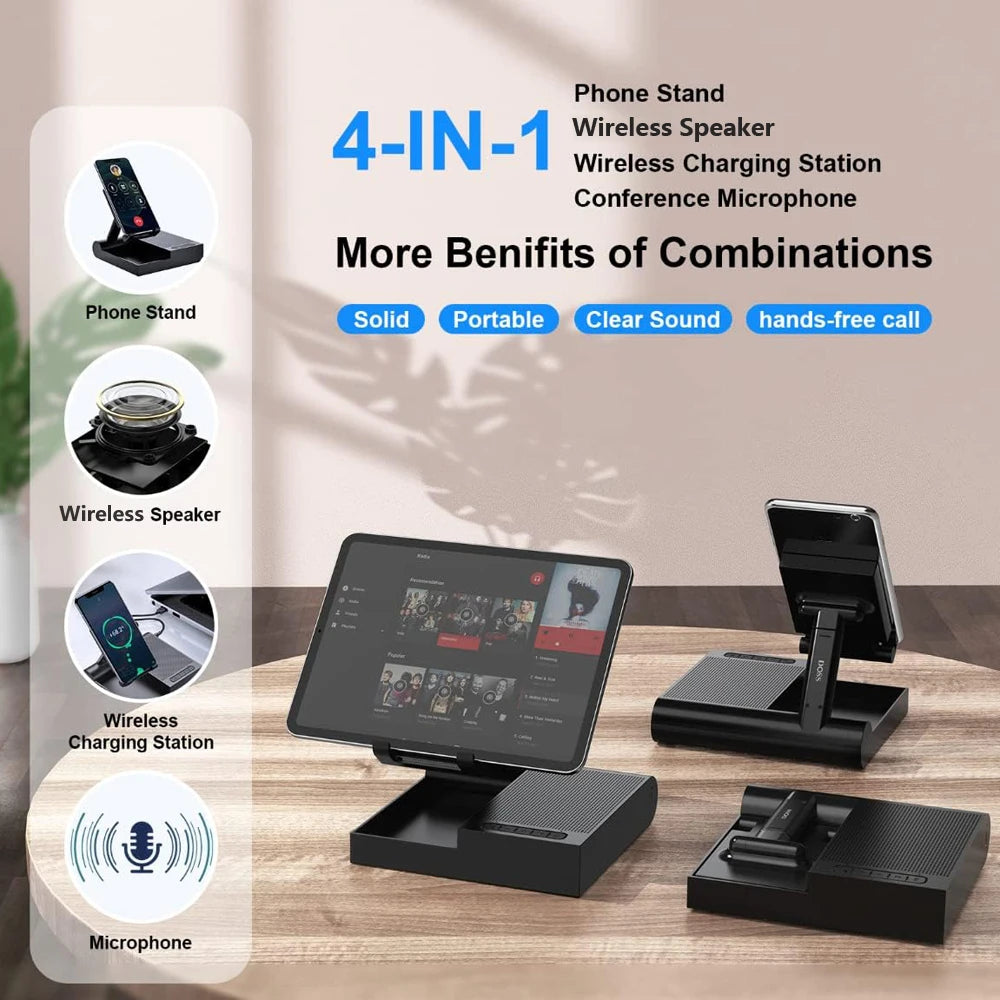 Hot Trend Vault DOSS Bluetooth speaker with 15W charger, adjustable phone stand, and 8-hour playtime on a desk.