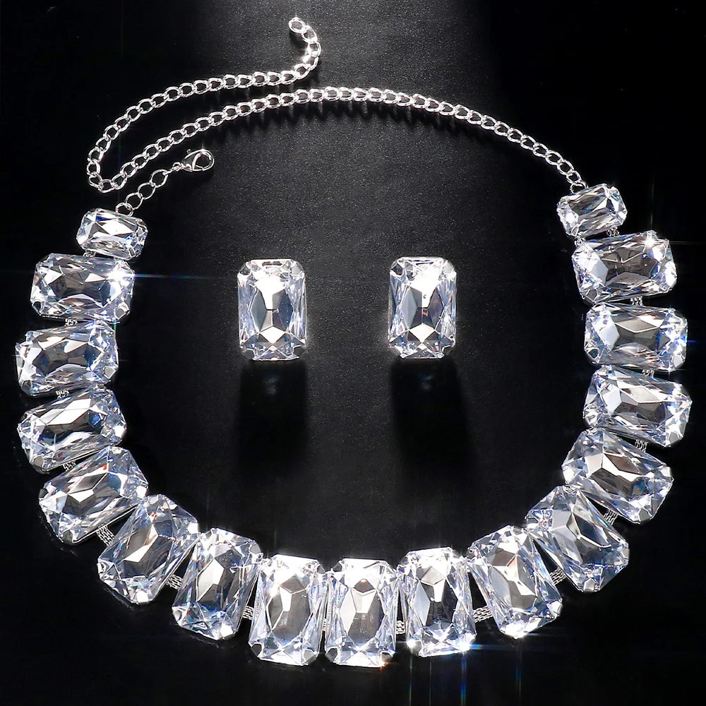Luxury bridal jewelry set featuring geometric crystal necklace and earrings by Hot Trend Vault, sparkling stone fans design for brides.