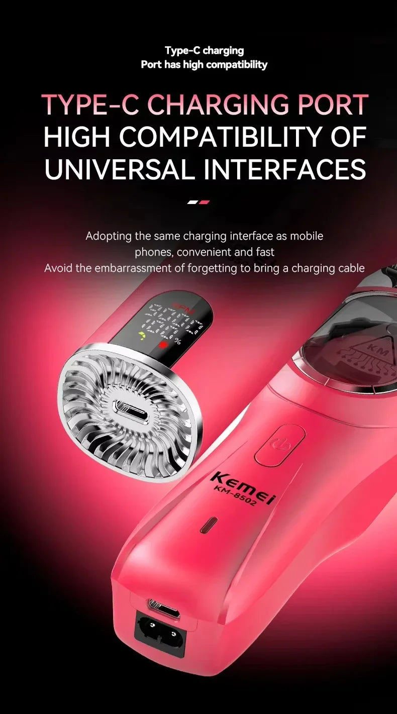 Kemei KM-8502 cordless hair clipper kit for home grooming, with adjustable blades and attachments, displayed on a white background.