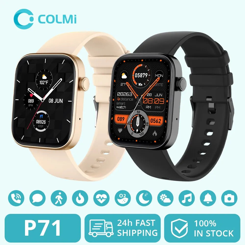 Hot Trend Vault COLMI P71 smartwatch with voice calling and health monitoring, unisex design, shown on a wrist.