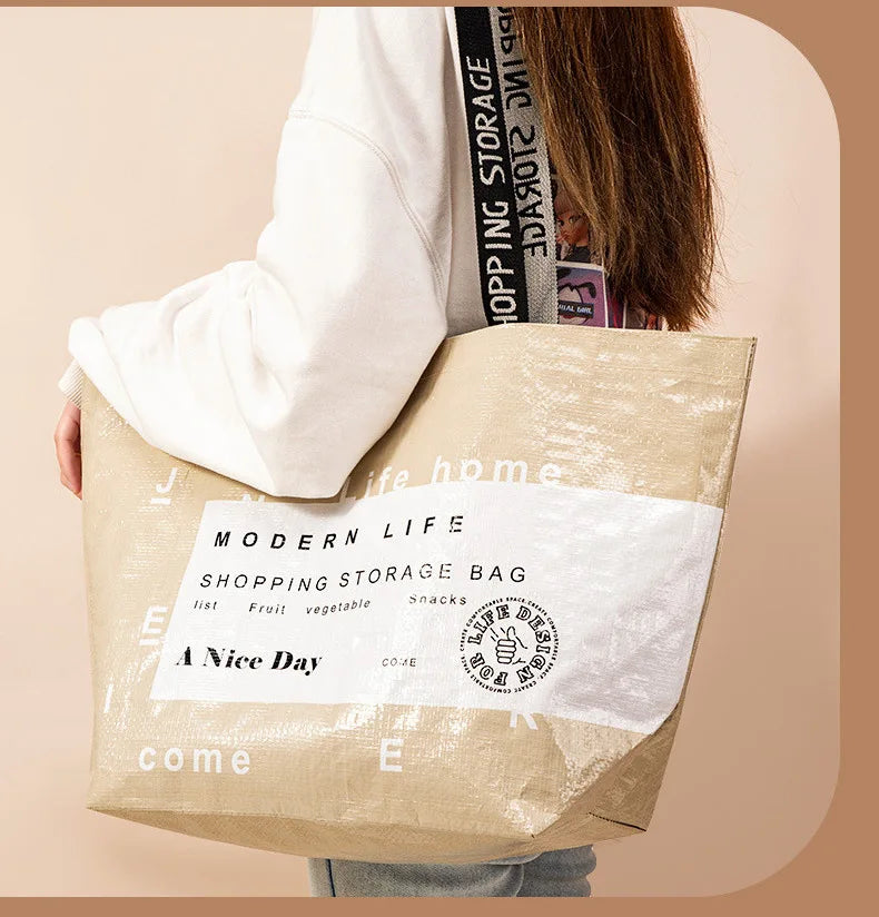 Foldable reusable waterproof shopping tote by Hot Trend Vault, eco-friendly design with sturdy handles for eco shoppers.