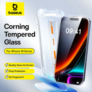 Baseus 16 Pro Max anti-peep tempered glass screen protector with privacy filter for iPhone, showing protected screen with privacy feature