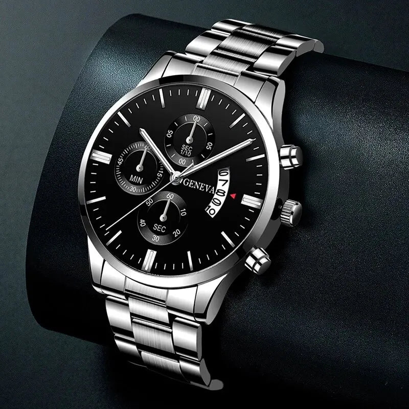 Men's luxury quartz watch with alloy band, round case, and bracelet clasp from Hot Trend Vault, stylish accessory for formal wear.