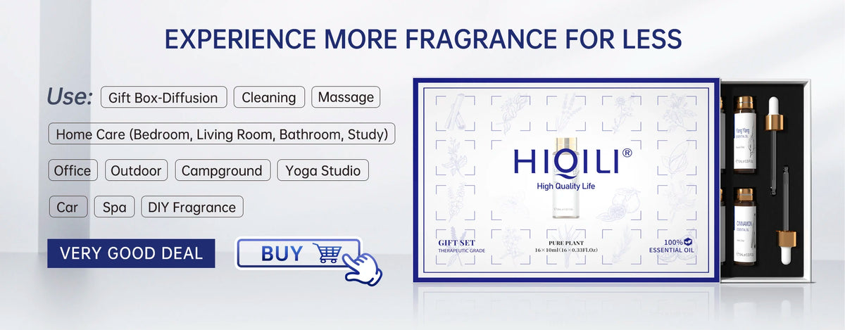 Hot Trend Vault HIQILI Essential Oil Blend 100ml calming diffuser with spa fans, showcasing the product bottle and diffuser setup.