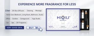 Hot Trend Vault HIQILI Essential Oil Blend 100ml calming diffuser with spa fans, showcasing the product bottle and diffuser setup.