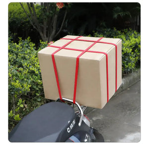 Heavy duty motorcycle bungee cord with hooks for luggage security, shown in use on motorcycle for riders.