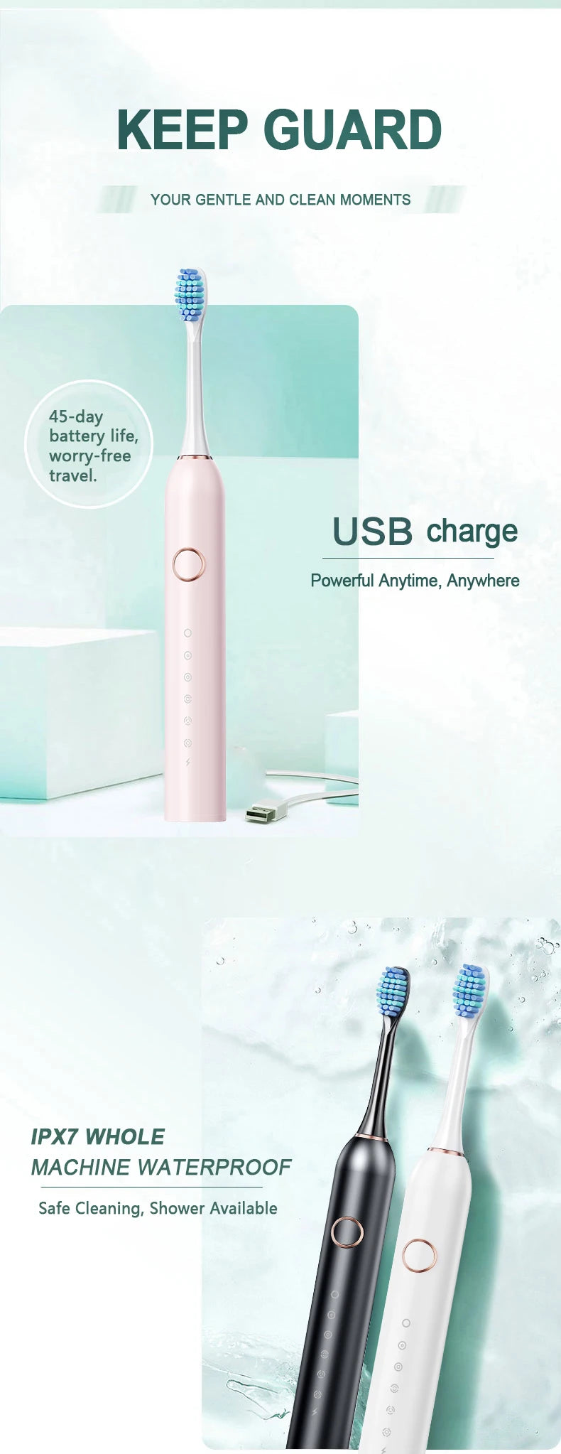 Hot Trend Vault GeZhou Sonic Electric Toothbrush for adults with 6 brushing modes, timer, USB recharge, and replacement heads set.