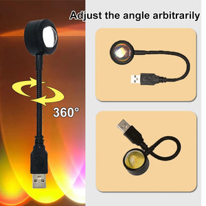 USB sunset lamp LED rainbow night light projector from Hot Trend Vault illuminating a bedroom with colorful neon rainbow light.