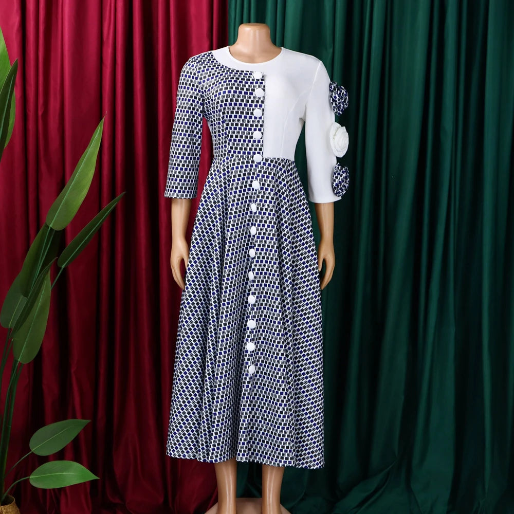 Elegant Dresses for Women 2025 Fall Fashion African 3/4 Sleeve Party Birthday New Robe Chic 3D Flower Plaid Evening A-Line Dress